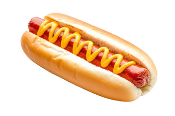 Classic hot dog with mustard on bun isolated on white background, cut out
