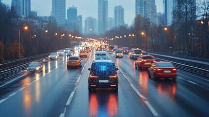 Obraz premium Autonomous vehicle navigating busy, rain-slick city highway at dusk