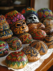 Elaborately decorated dome-shaped pastries sit on a lace cloth showcasing vibrant colors and intricate designs.