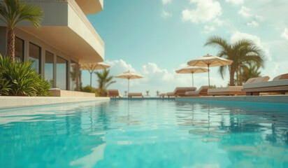 Fototapeta premium Beautiful summer swimming pool in resort or hotel with copy space