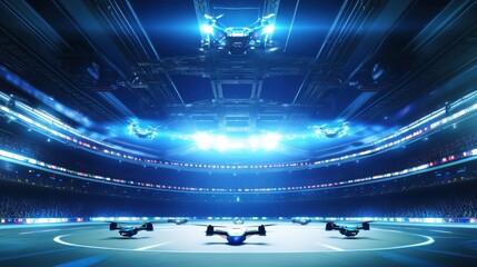 A futuristic AI powered drone racing arena, high-speed autonomous drones competing with real-time AI-driven adjustments, Sports tech style