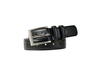 A floating belt with a silver buckle, isolated on a solid white background.