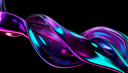 Abstract neon fluid 3D wave with iridescent glossy surface on black background. Futuristic motion shape with vibrant purple, blue and cyan light reflections