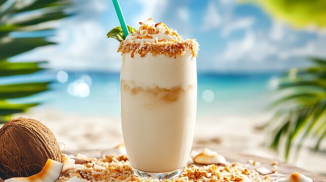 A coconut cream pie milkshake with toasted coconut rim placed by the beachside dessert bar