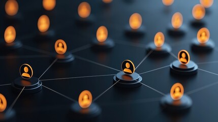 A digital network visualization featuring circular nodes representing users, connected by lines, with warm orange lighting creating a modern, tech-inspired aesthetic.