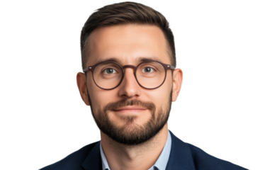 Young caucasian male with glasses smiling in formal attire, cut out