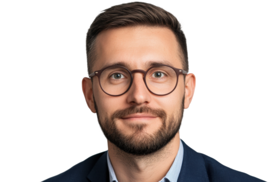 Young caucasian male with glasses smiling in formal attire, cut out