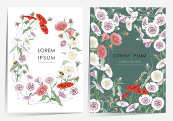  A Colorful Field of Blooming Dianthus Flowers. Vector illustration of template set in Minhwa, Korean Folk Painting Style 	