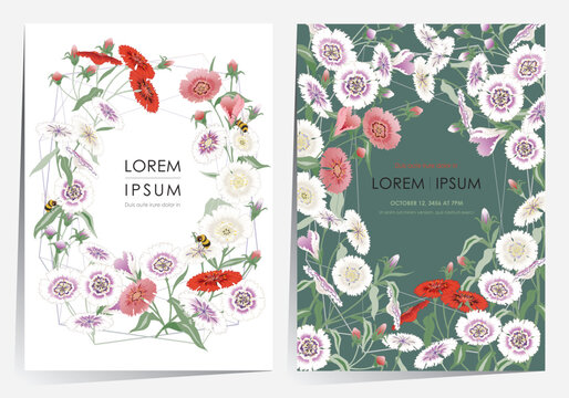  A Colorful Field of Blooming Dianthus Flowers. Vector illustration of template set in Minhwa, Korean Folk Painting Style 	