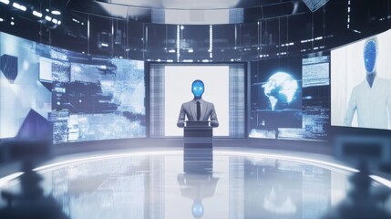 A futuristic AI powered holographic news studio, real-time automated reporting and AI anchors delivering global updates, Media tech style