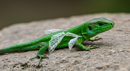 Fototapeta premium Vibrant green lizard showcasing the natural process of shedding its old skin