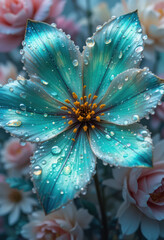 Flor verde azulado iridiscente con gotas de agua brillantes, estambres dorados, rodeada de un fondo floral suavemente difuminado