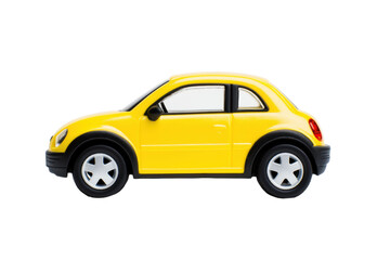 Obraz premium Yellow toy car on white background with black wheels and compact design, cut out