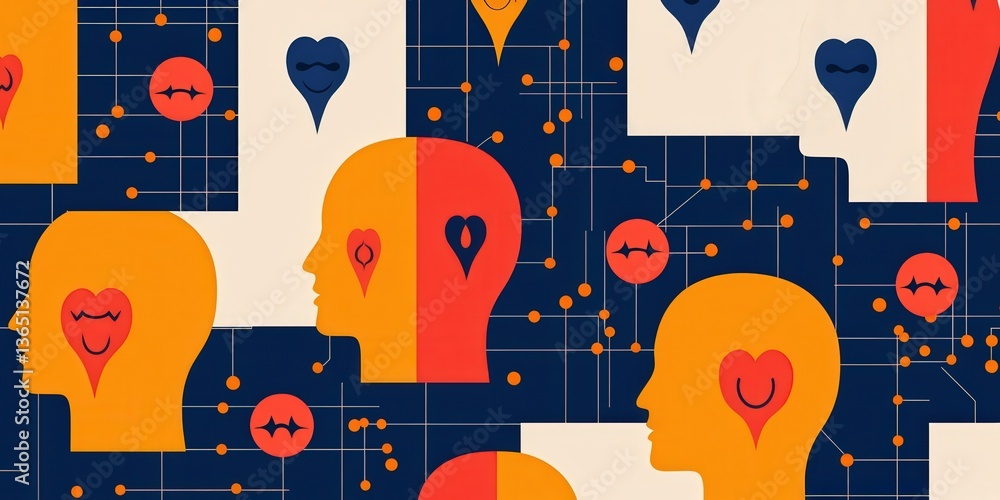 Poster customer experience interaction data concept. abstract illustration of heads with hearts and circuit