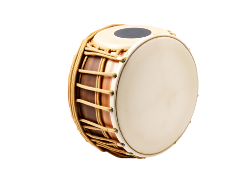 Close-up of a tabla, an Indian percussion instrument, with a wooden frame and leather head