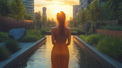 A serene photography capturing a woman in a flowy dress, standing by a modern urban canal, with a backdrop of contemporary buildings and artistic sculptures.