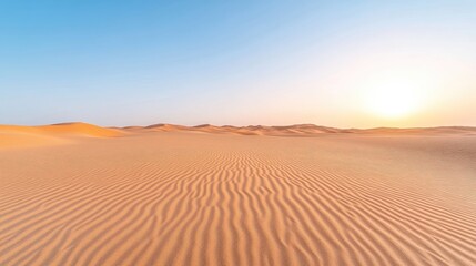 Vast desert landscape at sunrise.  Gentle sand dunes under a clear sky