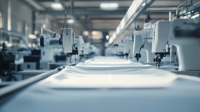 A futuristic AI powered smart clothing factory, robotic sewing machines producing intelligent fabrics with embedded sensors, Fashion tech style