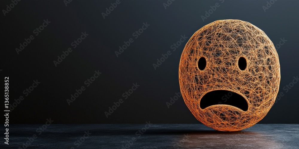 Poster customer experience interaction data concept. sculptural sad face made of string lights on a dark ba