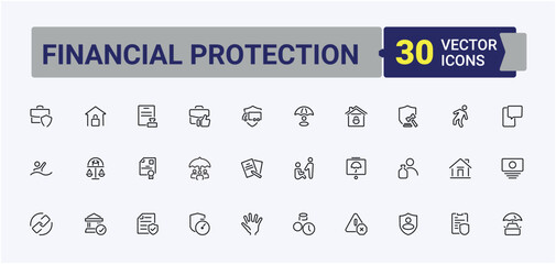 Financial Protection related icon set. Contains outline symbols like help, insured, saving, policy, business and more. Insurance line icon. Outline icons collection. Vector illustration.