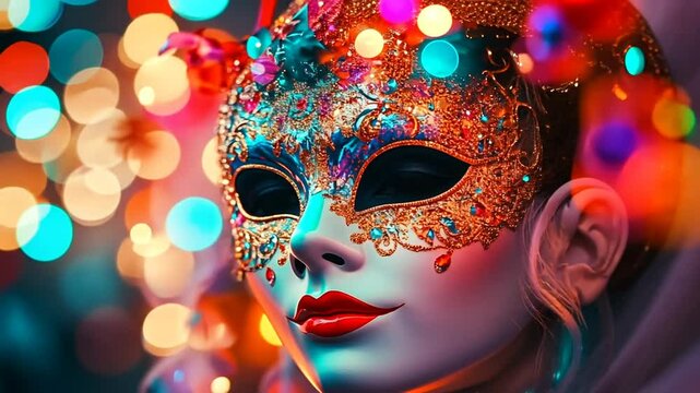 Ornate Gold Mask with Red Lips Against Colorful Bokeh Lights
