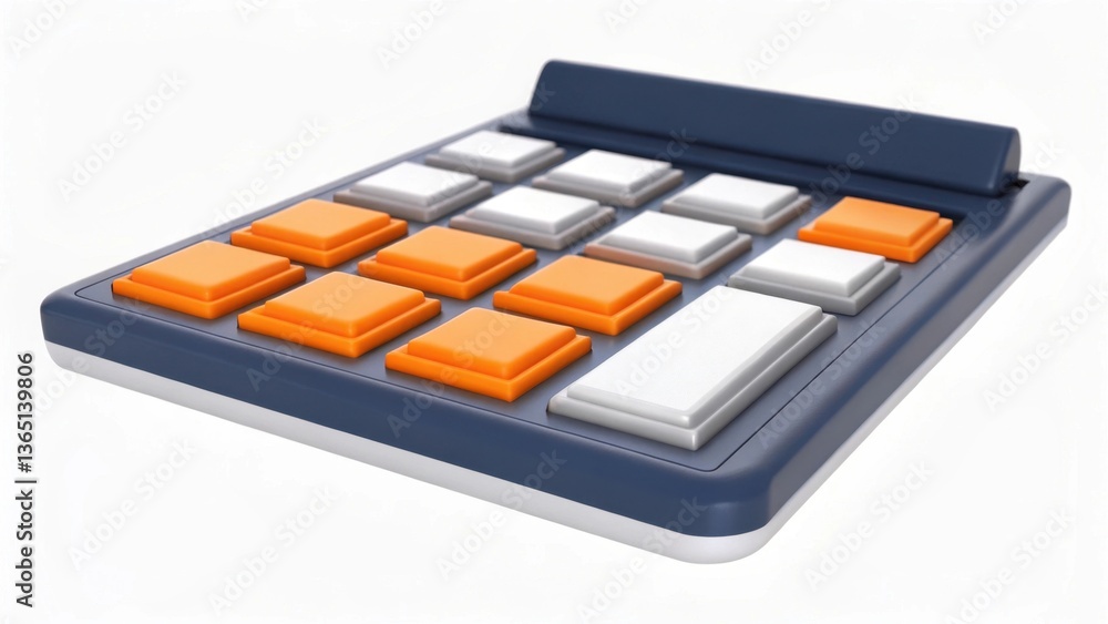 Poster a modern calculator with a sleek design featuring orange and white buttons on a dark background, ide