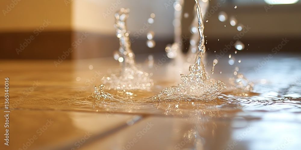 Poster water splashes on tile floor creating ripples in a bright indoor setting during daylight hours