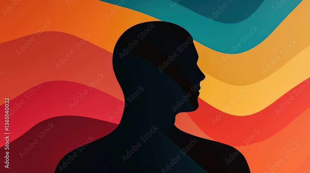 Poster customer experience interaction data concept. silhouette of a person against colorful abstract waves