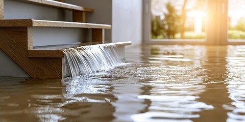 Flooded interior with water accumulation near wooden staircase during sunset