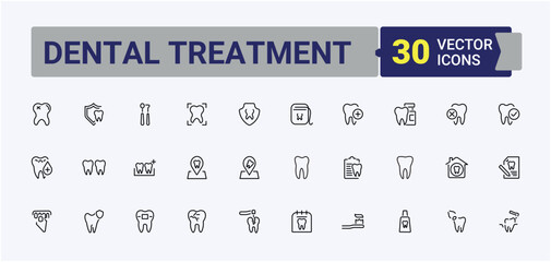 Dental Treatment related icon set. Featuring treatment, oral, teeth, medical, hospital, health, clinic and more. Dental icon set in linear style. Minimal icons pack. Signs for web and mobile app.