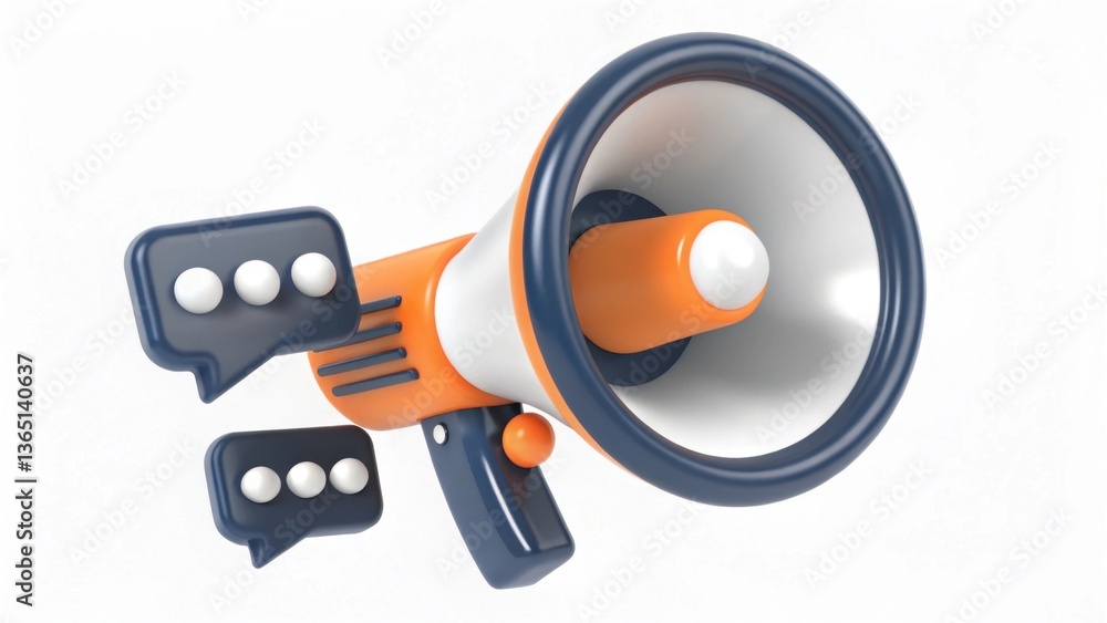 Poster a colorful megaphone with speech bubbles, symbolizing communication and broadcasting messages effect