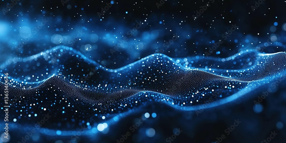 Fototapete Visual representation of a digital wave structure with luminous particles in a dark setting