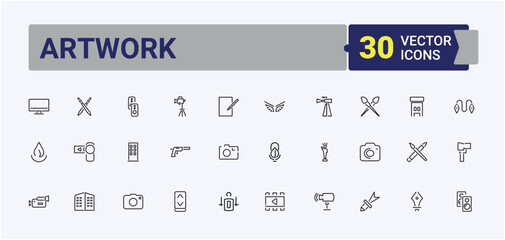 Artwork icon pack. Includes thin line symbols designer, art, digital, drawing, artist, graphic and more. Digital Art line icon. Collection of simple line web icons. Editable stroke collections.