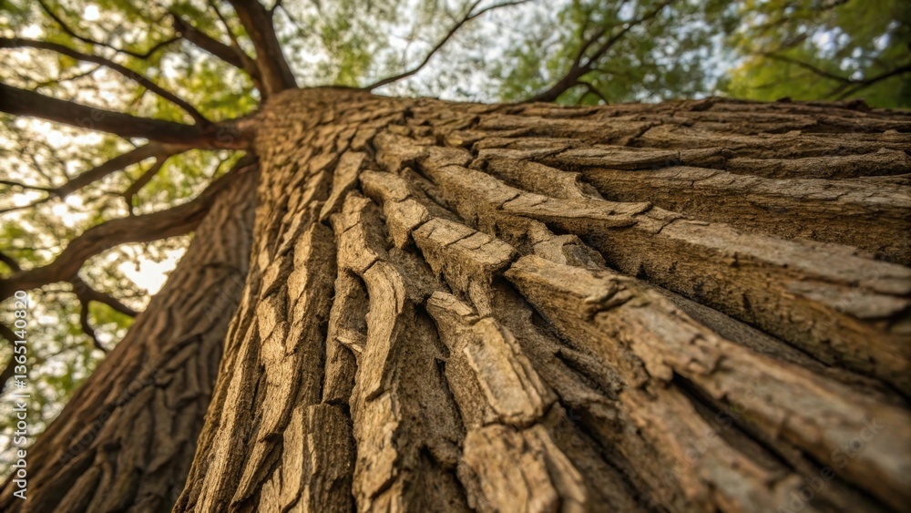 Poster a close-up view of a tree trunk, showcasing its textured bark and branches, illuminated by sunlight 
