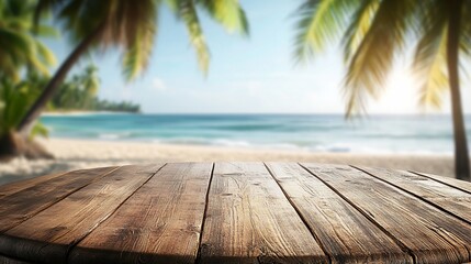 Wooden Tabletop with Blurred Tropical Beach Background