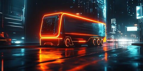Futuristic illuminated truck travels through a neon cityscape on a rainy night