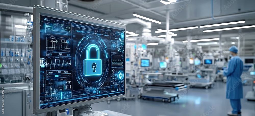 Poster advanced security system in a modern medical facility showcasing high-tech monitoring and data prote
