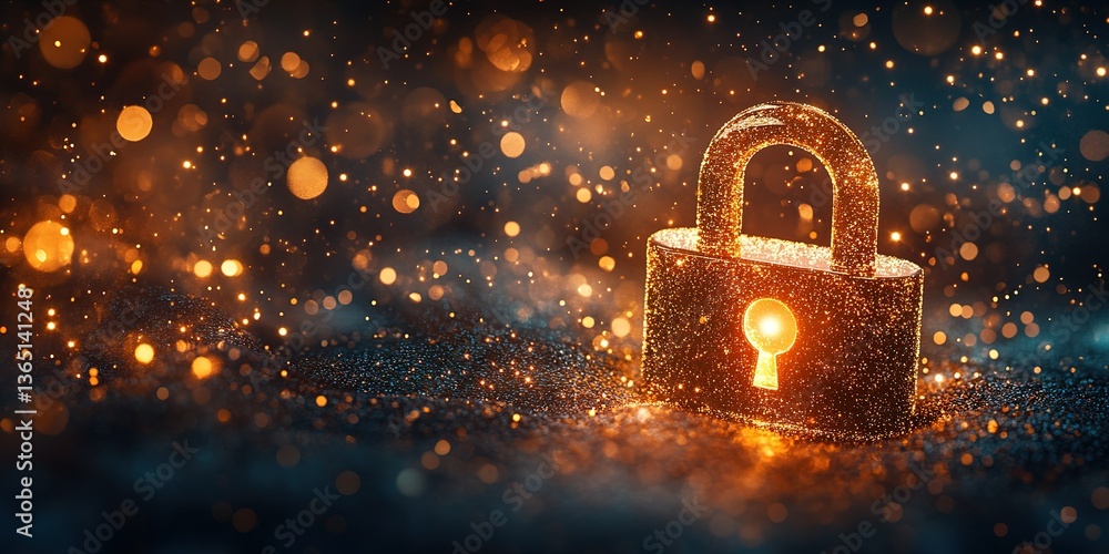 Aufkleber shiny golden padlock with glowing keyhole surrounded by sparkling particles in a dark setting