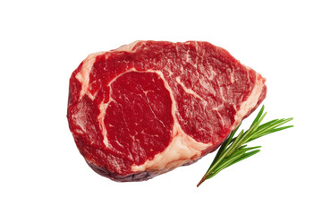 Obraz premium Raw ribeye steak with fresh rosemary on black background, cut out