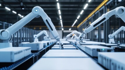 Fototapeta premium A futuristic logistics automation facility where robotic arms are sorting and packaging consumer electronics, AI-powered systems optimizing efficiency in the supply chain, High-tech style