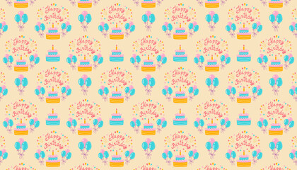 Happy birthday seamless pattern, vector illustration with cake, balloons, candles and festive background