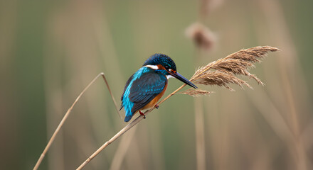 Vibrant Malachite Kingfisher Perched Calmly on Reed, Wetlands in Soft Focus