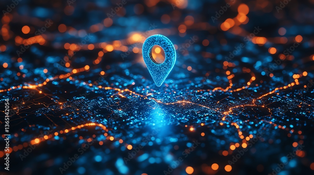 Poster glowing location pin on abstract digital network with orange lines
