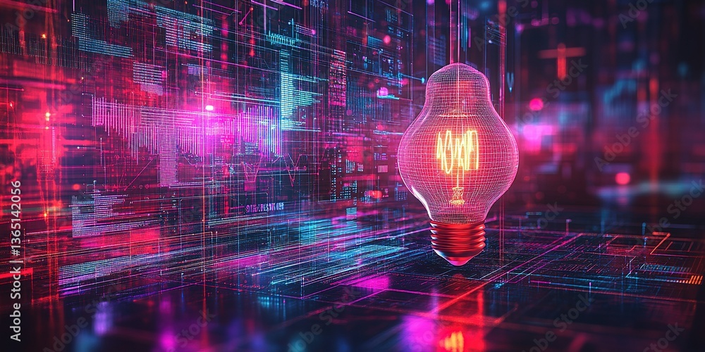 Poster colorful light bulb surrounded by digital patterns in an abstract tech environment at night