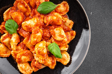 ravioli tomato sauce delicious gourmet food background on the table rustic food top view copy space