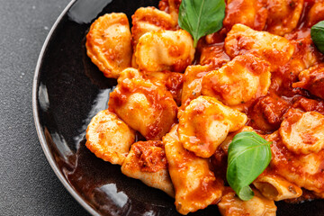 ravioli tomato sauce delicious gourmet food background on the table rustic food top view copy space