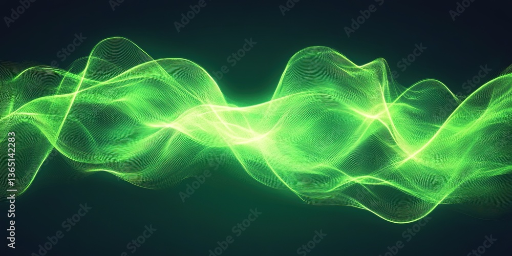 Poster Bright green wave patterns create a mesmerizing visual effect in a dark background