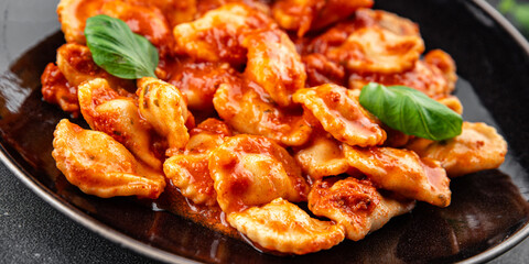 ravioli tomato sauce delicious gourmet food background on the table rustic food top view copy space