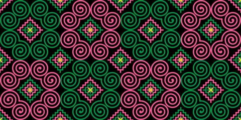 Seamless Hmong Embroidery Patterns in Hmong Ethnic Style, Green and Pink Tones, Pattern Design for Carpets, Clothing, Fabrics, Textures, Wallpaper, Wrapping, Fashion
