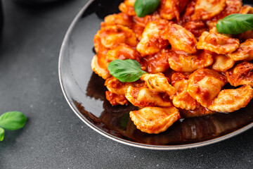 ravioli tomato sauce delicious gourmet food background on the table rustic food top view copy space